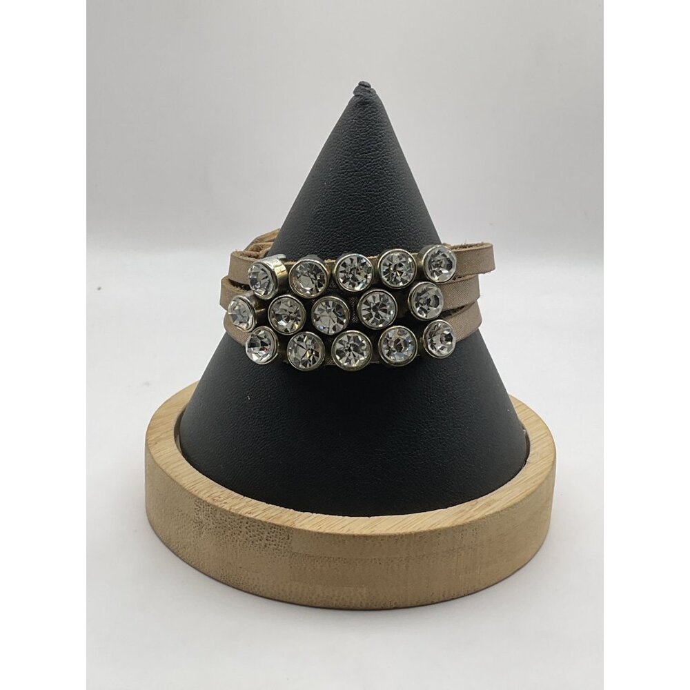 Crystal Rhinestone Wrap Bracelet With Snap Closure Beige Faux Leather Adjustable